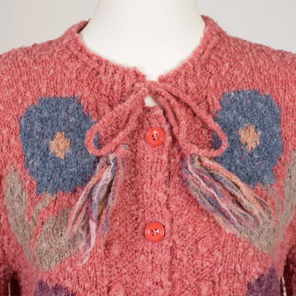 1970s Vintage Floral Intarsia Pink Nubby Wool Tassel Cardigan Sweater Sz M - Picture 2 of 6